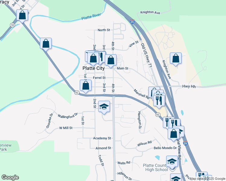 map of restaurants, bars, coffee shops, grocery stores, and more near 408 Branch Street in Platte City