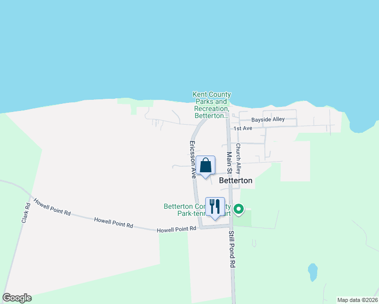 map of restaurants, bars, coffee shops, grocery stores, and more near 111 Ericsson Avenue in Betterton