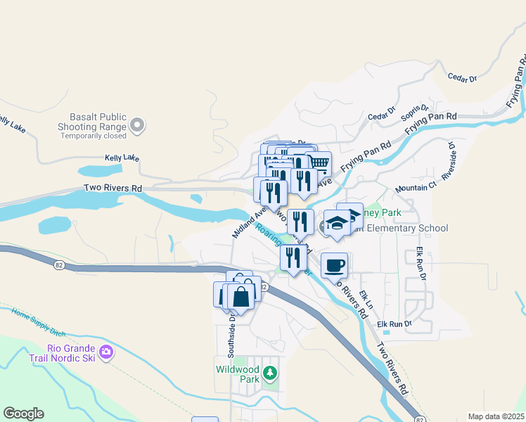 map of restaurants, bars, coffee shops, grocery stores, and more near 14 Midland Avenue in Basalt