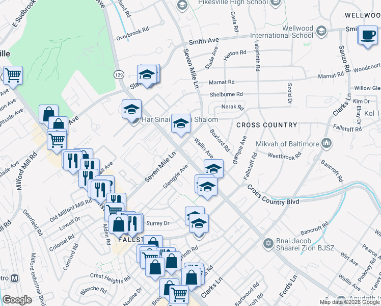 map of restaurants, bars, coffee shops, grocery stores, and more near 7121 Park Heights Avenue in Baltimore
