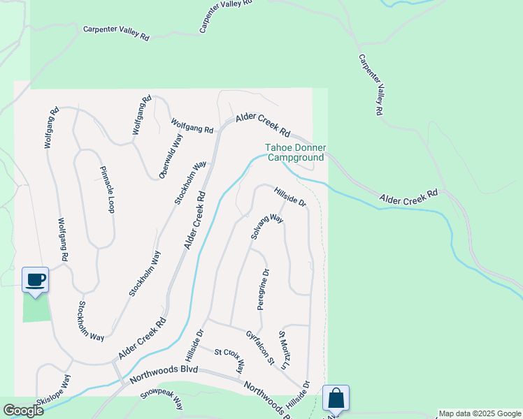 map of restaurants, bars, coffee shops, grocery stores, and more near 13133 Solvang Way in Truckee