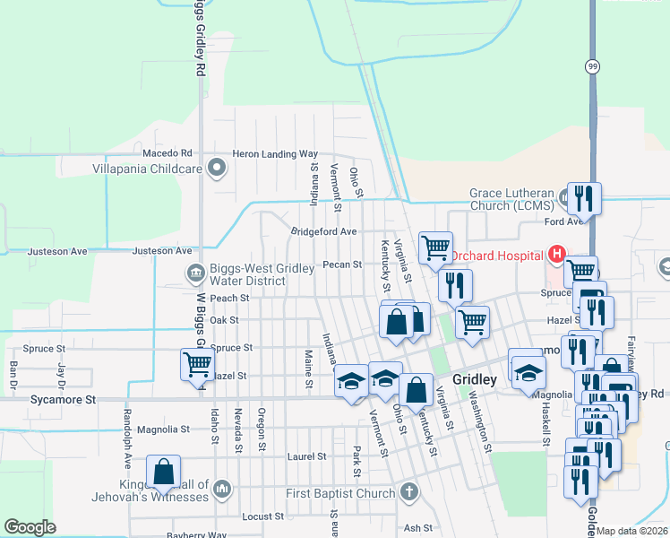 map of restaurants, bars, coffee shops, grocery stores, and more near 991 Vermont Street in Gridley