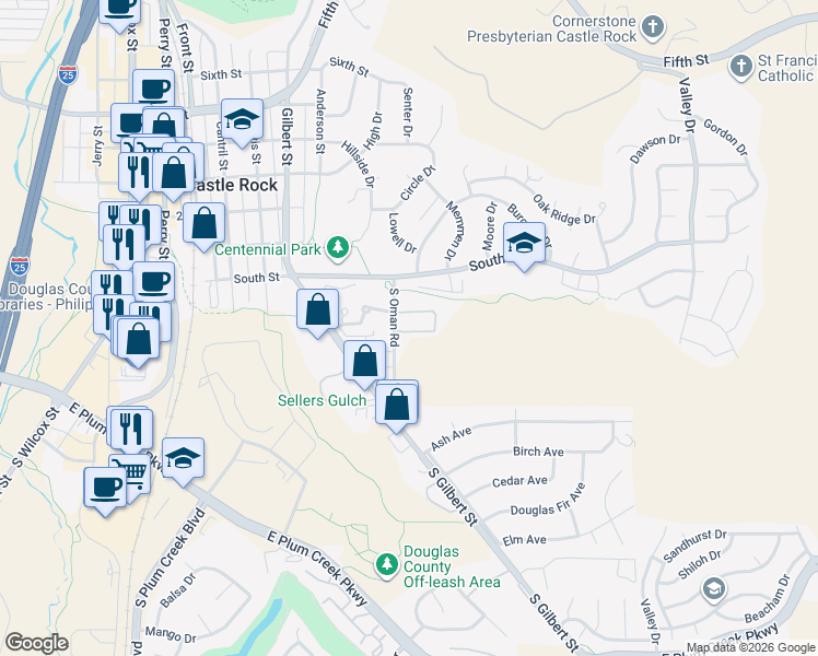 map of restaurants, bars, coffee shops, grocery stores, and more near 260 South Oman Road in Castle Rock