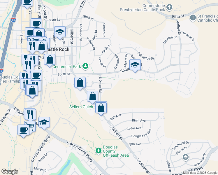 map of restaurants, bars, coffee shops, grocery stores, and more near 260 South Oman Road in Castle Rock
