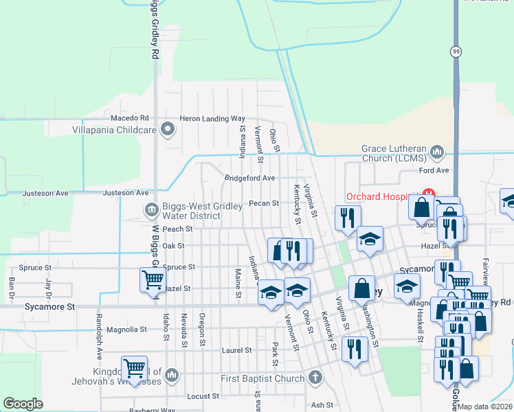 map of restaurants, bars, coffee shops, grocery stores, and more near 991 Vermont Street in Gridley