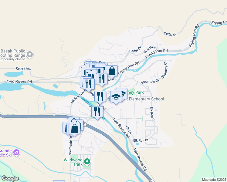 map of restaurants, bars, coffee shops, grocery stores, and more near 167 Swinging Bridge Lane in Basalt