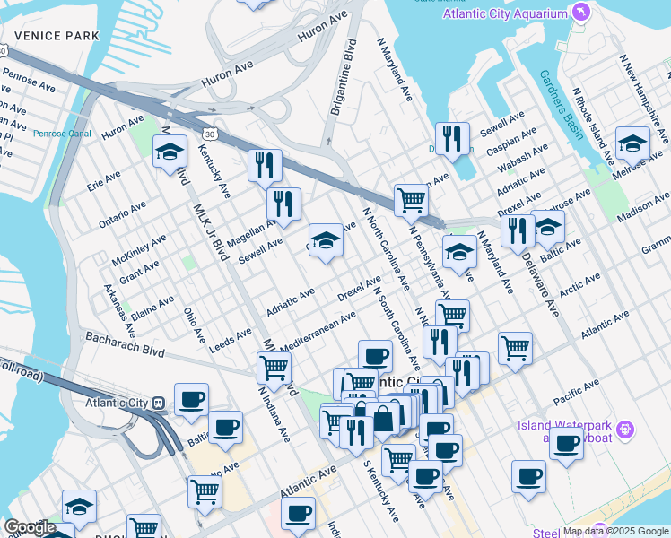 map of restaurants, bars, coffee shops, grocery stores, and more near 411 North Tennessee Avenue in Atlantic City
