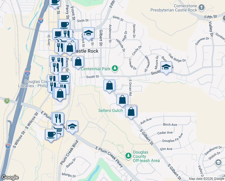 map of restaurants, bars, coffee shops, grocery stores, and more near 402 South Gilbert Street in Castle Rock