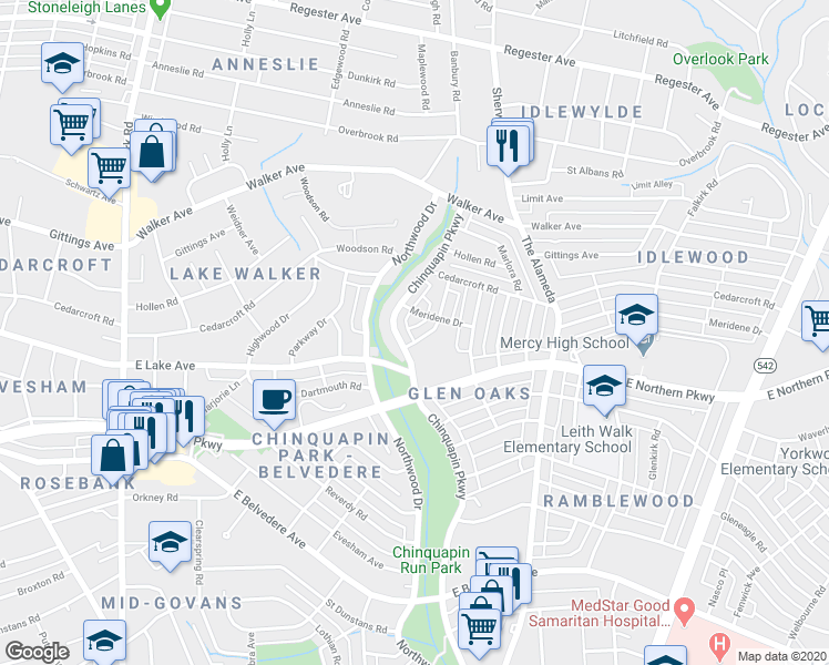 map of restaurants, bars, coffee shops, grocery stores, and more near 6102 Macbeth Drive in Baltimore