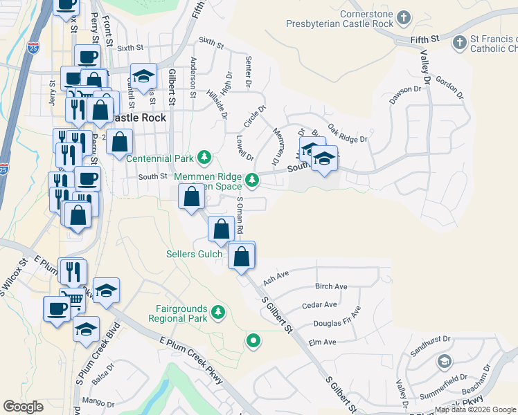 map of restaurants, bars, coffee shops, grocery stores, and more near 260 South Oman Road in Castle Rock