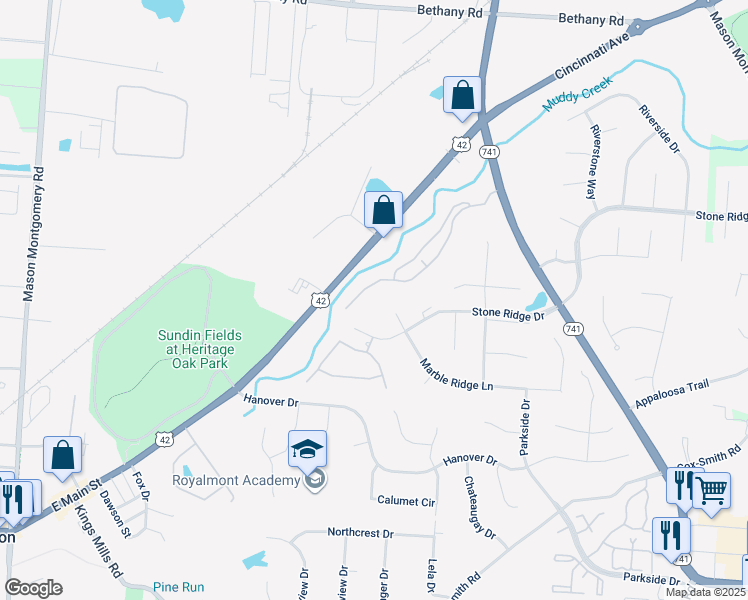 map of restaurants, bars, coffee shops, grocery stores, and more near 4500 U.S. 42 in Mason