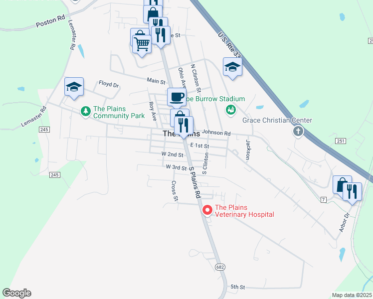 map of restaurants, bars, coffee shops, grocery stores, and more near 25 South Plains Road in The Plains