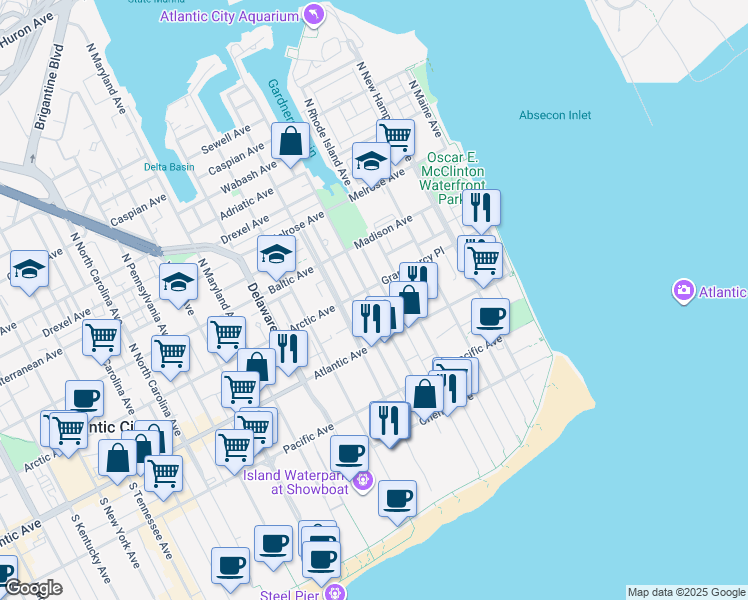 map of restaurants, bars, coffee shops, grocery stores, and more near 35 North Congress Avenue in Atlantic City