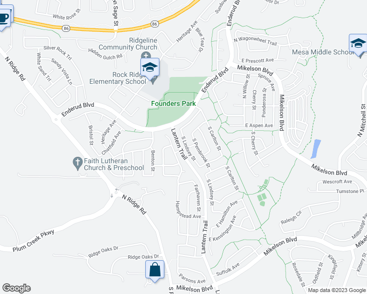 map of restaurants, bars, coffee shops, grocery stores, and more near 246 South Lindsey Street in Castle Rock