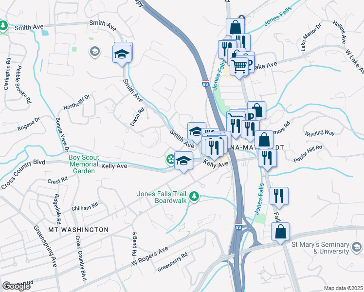 map of restaurants, bars, coffee shops, grocery stores, and more near 5900 Smith Avenue in Baltimore