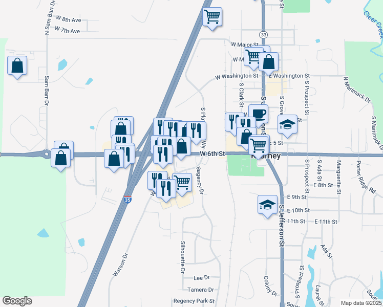 map of restaurants, bars, coffee shops, grocery stores, and more near 200 Meadowbrook Drive in Kearney