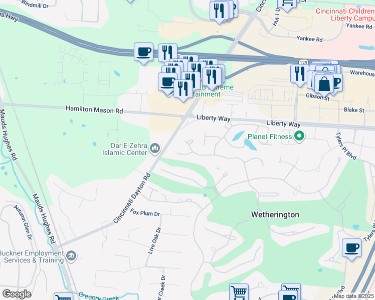 map of restaurants, bars, coffee shops, grocery stores, and more near 7187 Saint Ives Place in Wetherington