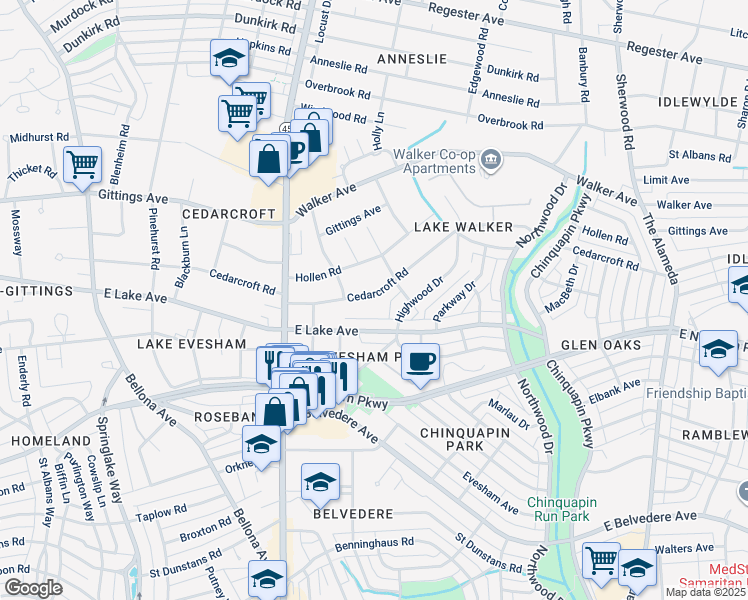 map of restaurants, bars, coffee shops, grocery stores, and more near 709 Cedarcroft Road in Baltimore