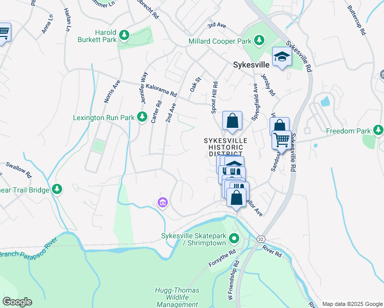 map of restaurants, bars, coffee shops, grocery stores, and more near 653 Shimmering Run Court in Sykesville