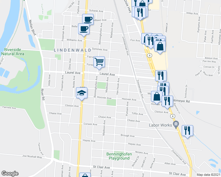 map of restaurants, bars, coffee shops, grocery stores, and more near 816 Minor Avenue in Hamilton