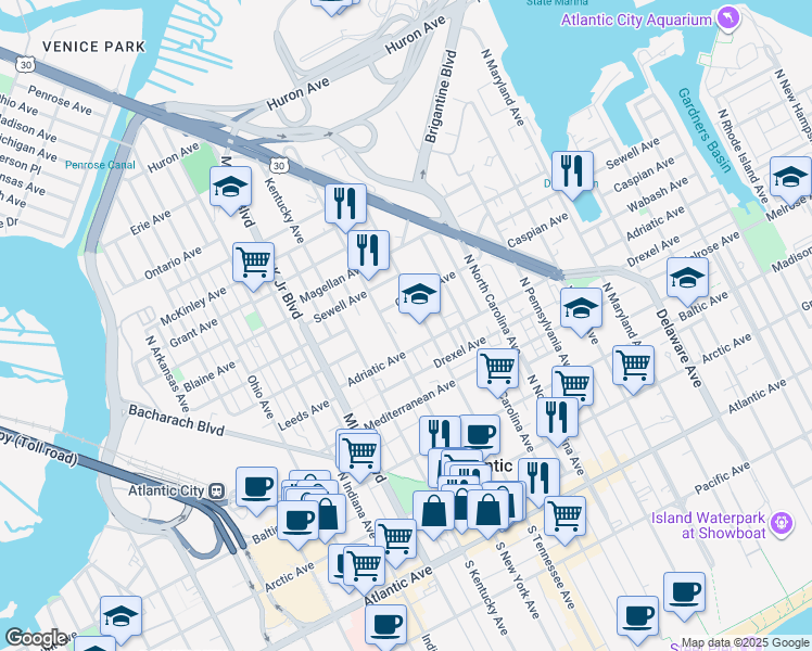 map of restaurants, bars, coffee shops, grocery stores, and more near 411 North New York Avenue in Atlantic City