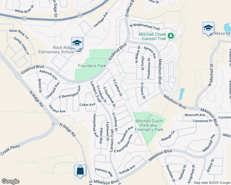 map of restaurants, bars, coffee shops, grocery stores, and more near 256 South Amherst Street in Castle Rock