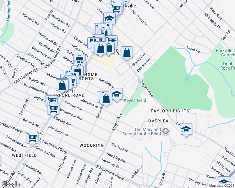 map of restaurants, bars, coffee shops, grocery stores, and more near 3215 Glendale Avenue in Baltimore