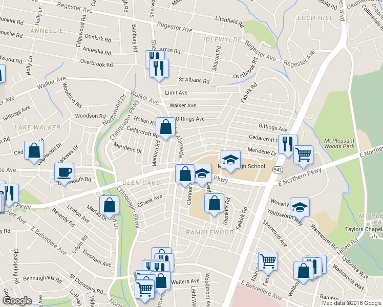 map of restaurants, bars, coffee shops, grocery stores, and more near 1215 Meridene Drive in Baltimore
