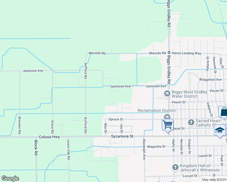 map of restaurants, bars, coffee shops, grocery stores, and more near 545 Justeson Avenue in Gridley