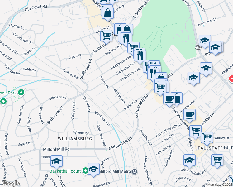 map of restaurants, bars, coffee shops, grocery stores, and more near 650 Military Avenue in Pikesville