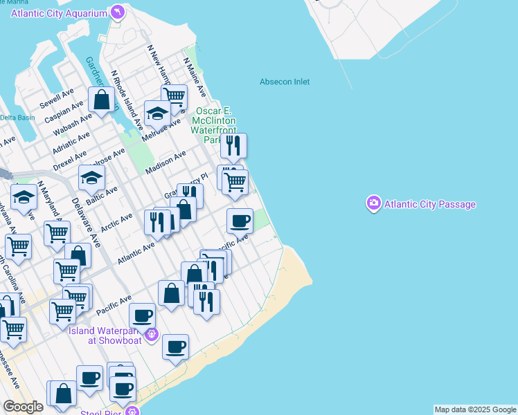 map of restaurants, bars, coffee shops, grocery stores, and more near 17 South New Hampshire Avenue in Atlantic City