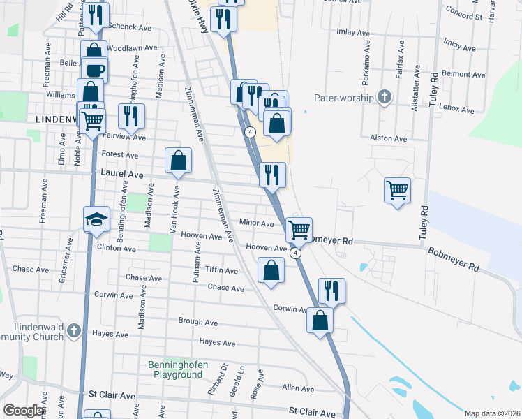 map of restaurants, bars, coffee shops, grocery stores, and more near 1202 Minor Avenue in Hamilton