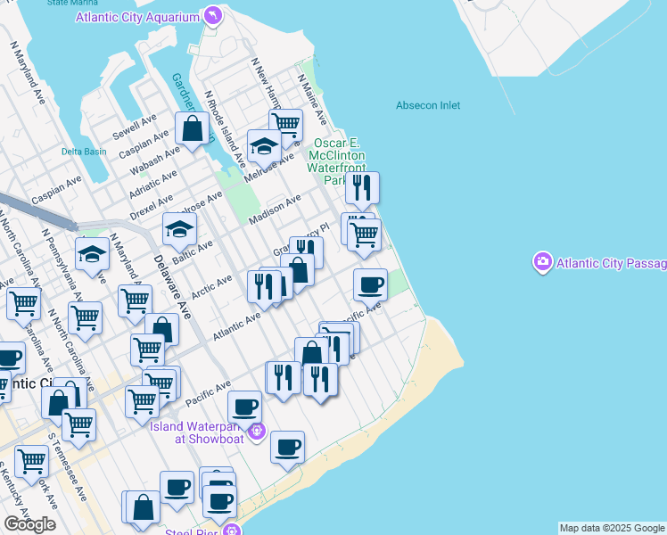 map of restaurants, bars, coffee shops, grocery stores, and more near 311 Atlantic Avenue in Atlantic City