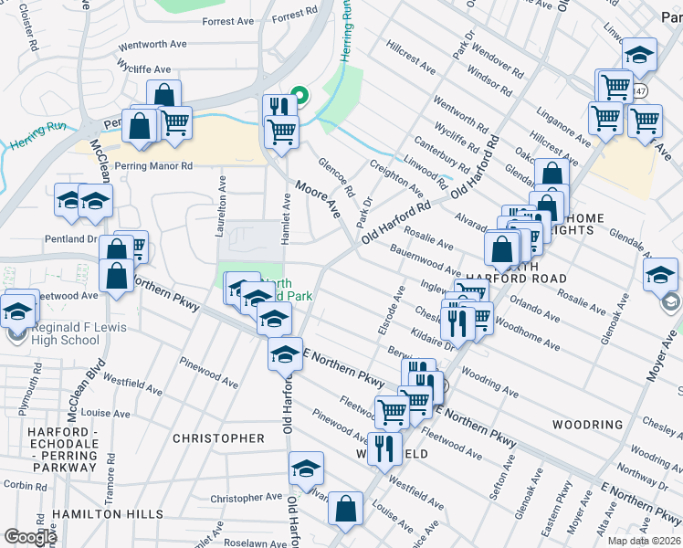 map of restaurants, bars, coffee shops, grocery stores, and more near 2709 Chesley Avenue in Parkville
