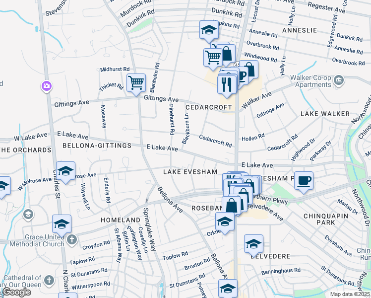 map of restaurants, bars, coffee shops, grocery stores, and more near 6101 Blackburn Lane in Baltimore