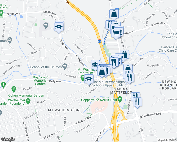 map of restaurants, bars, coffee shops, grocery stores, and more near 5900 Smith Avenue in Baltimore