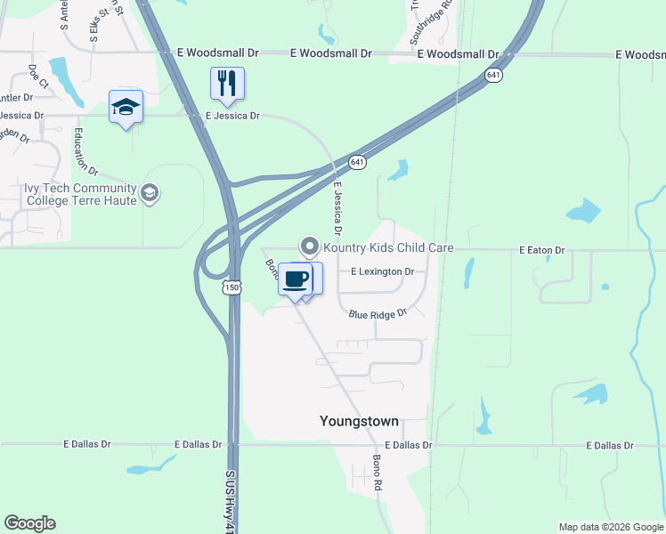 map of restaurants, bars, coffee shops, grocery stores, and more near 2011 Blue Ridge Drive in Terre Haute