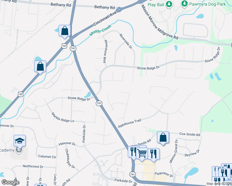 map of restaurants, bars, coffee shops, grocery stores, and more near 3574 Trotters Lane in Mason