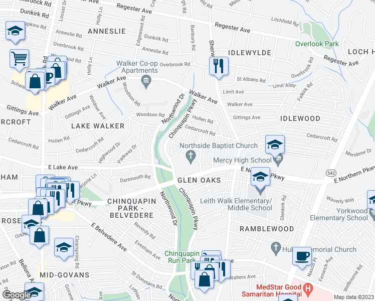 map of restaurants, bars, coffee shops, grocery stores, and more near 6125 Macbeth Drive in Baltimore
