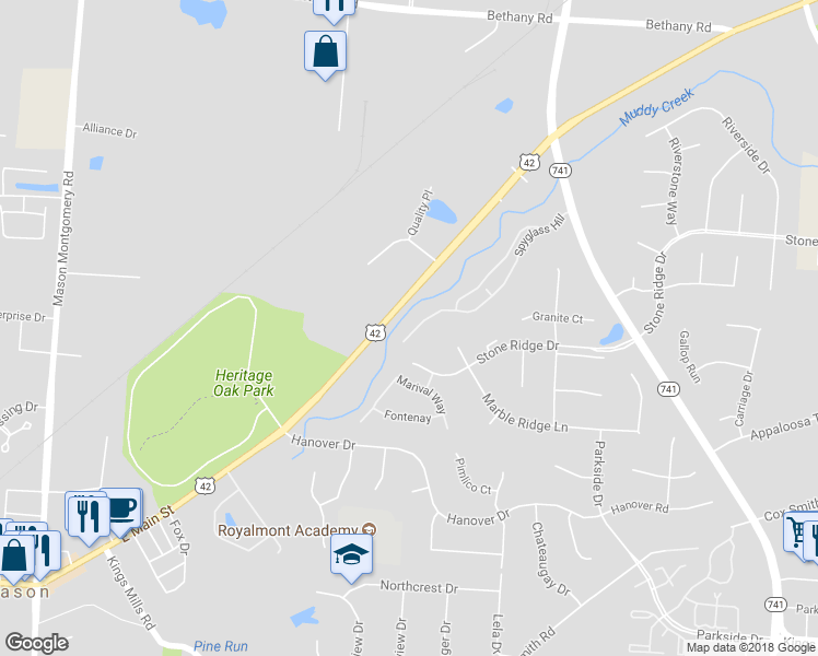 map of restaurants, bars, coffee shops, grocery stores, and more near 4306 Spyglass Hill in Mason