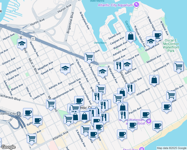 map of restaurants, bars, coffee shops, grocery stores, and more near 314 North Pennsylvania Avenue in Atlantic City