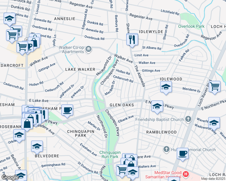 map of restaurants, bars, coffee shops, grocery stores, and more near 6125 Macbeth Drive in Baltimore