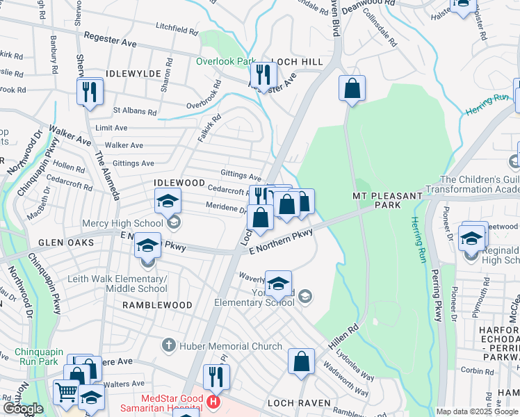 map of restaurants, bars, coffee shops, grocery stores, and more near Loch Raven Blvd & Meridene Dr in Baltimore