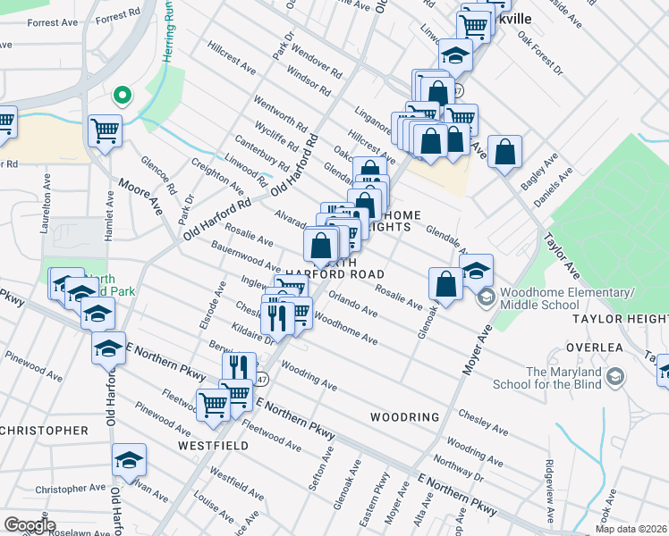 map of restaurants, bars, coffee shops, grocery stores, and more near Harford Rd & Rosalie Ave in Baltimore
