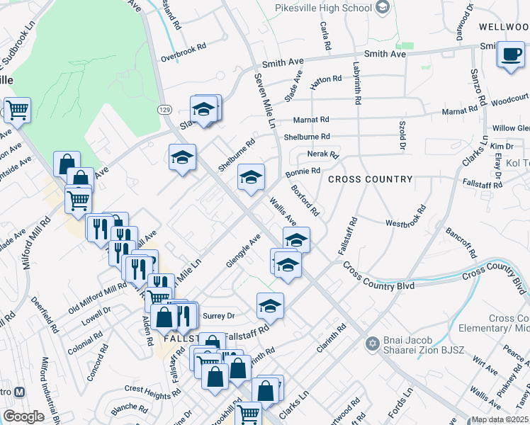 map of restaurants, bars, coffee shops, grocery stores, and more near 7121 Park Heights Avenue in Baltimore