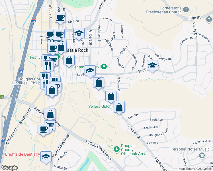 map of restaurants, bars, coffee shops, grocery stores, and more near 402 South Gilbert Street in Castle Rock