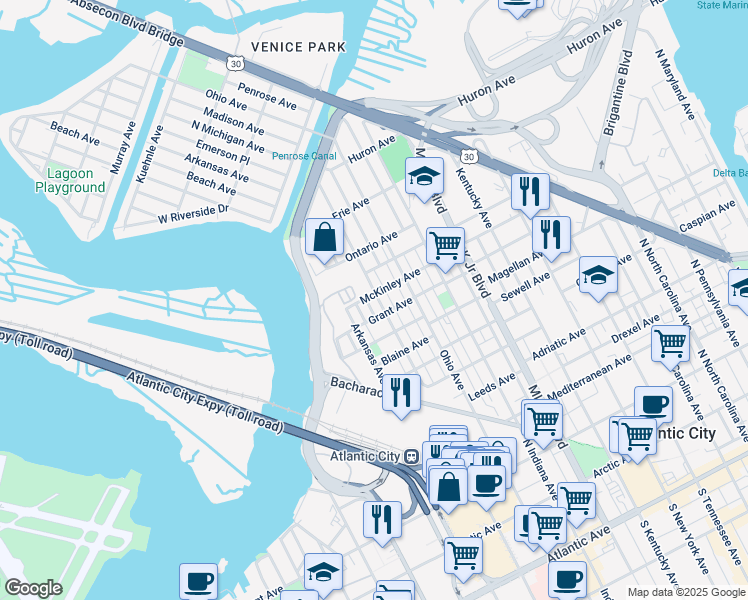map of restaurants, bars, coffee shops, grocery stores, and more near 2017 Grant Avenue in Atlantic City