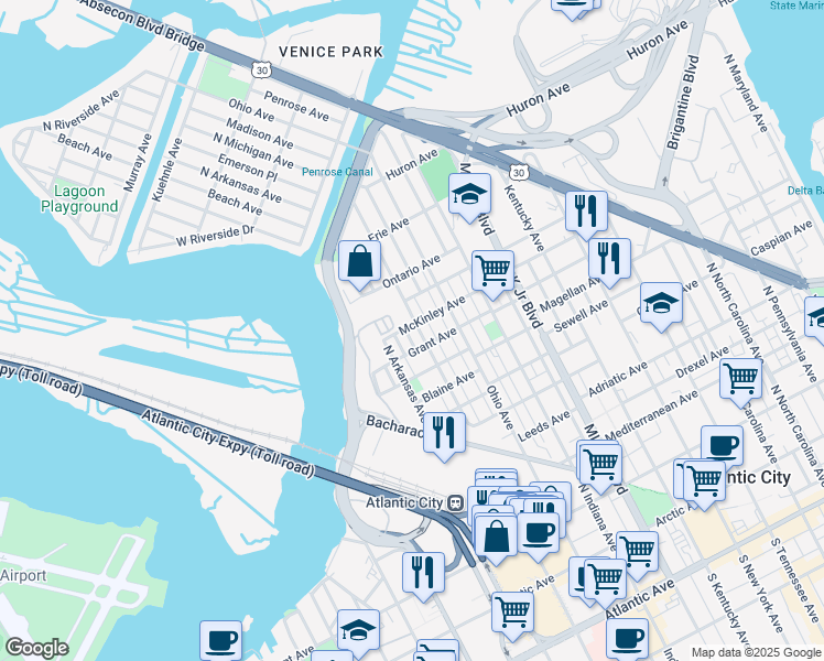 map of restaurants, bars, coffee shops, grocery stores, and more near 2017 Grant Avenue in Atlantic City
