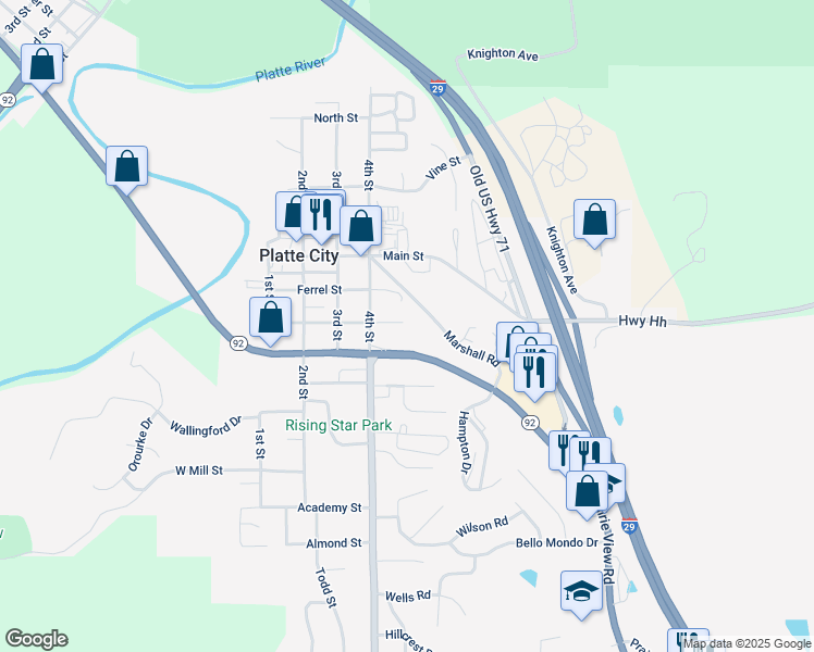 map of restaurants, bars, coffee shops, grocery stores, and more near 508 Branch Street in Platte City