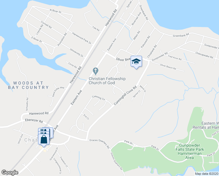 map of restaurants, bars, coffee shops, grocery stores, and more near 7152 Olivia Road in Middle River